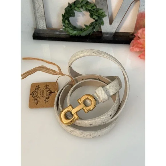 Anna Pellissari Size L Gold Tone Buckle Beige Gray Animal Print Leather Belt NWT